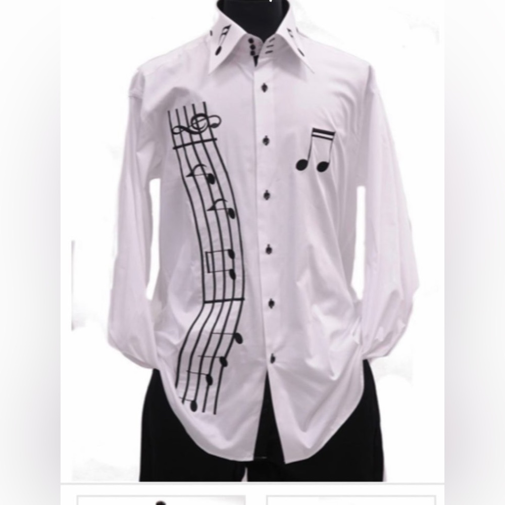 Axxess White Cotton Black Music Notes Embroidery Collar French Cuff Shirt XXL